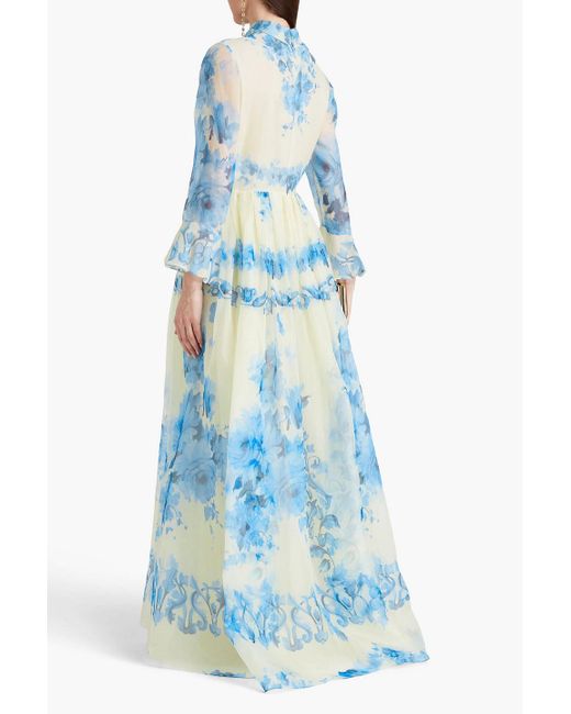 Valentino Garavani Blue Gathered Floral-print Silk-organza Gown