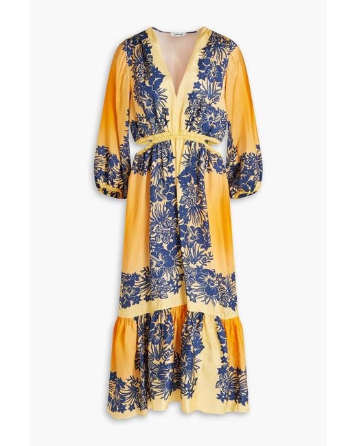 Sandro Blue Cutout Floral-print Twill Midi Dress