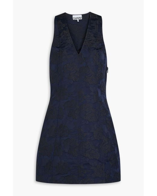 Ganni Blue Knotted Floral-Jacquard Mini Dress