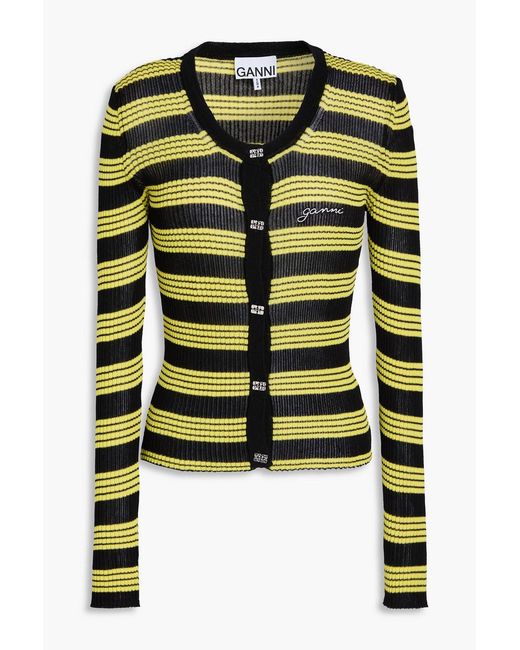 Ganni Green Striped Cotton-Blend Cardigan