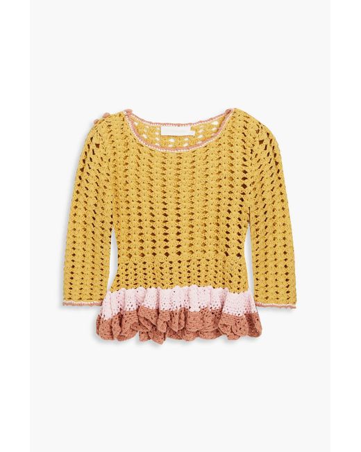 Zimmermann Yellow Ruffled Crocheted Cotton Sweater