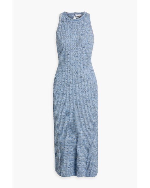 Ganni Blue Marled Ribbed Merino Wool Midi Dress