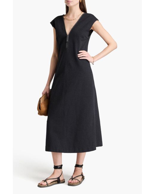 Brunello Cucinelli Black Midikleid aus jersey aus einer baumwollmischung mit zierperlen