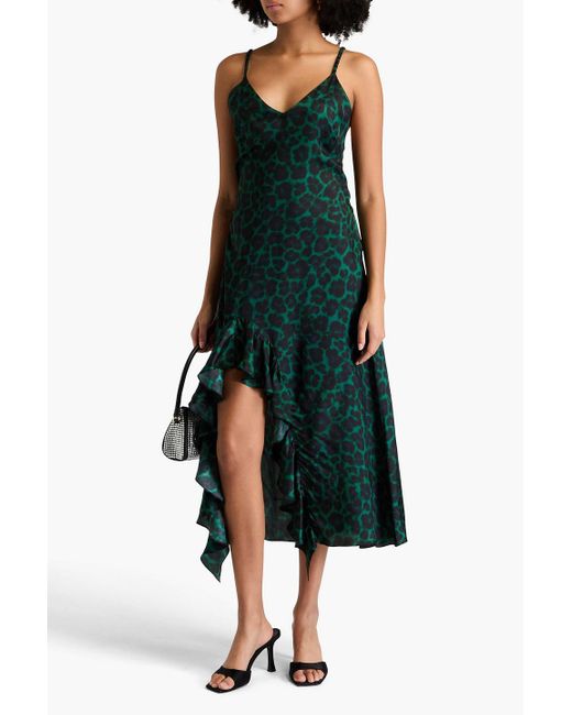 Sandro Green Ruched Leopard-print Satin-twill Midi Dress