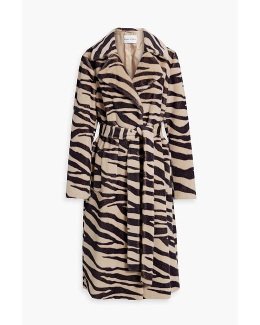 Stand Studio White Winnie Belted Zebra-print Faux Fur Coat