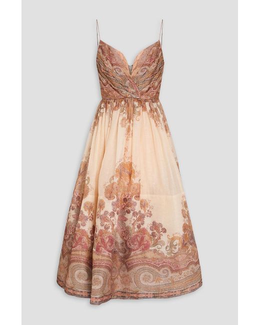 Zimmermann Brown Midikleid aus einer leinen-seidenmischung mit paisley-print und drapierung