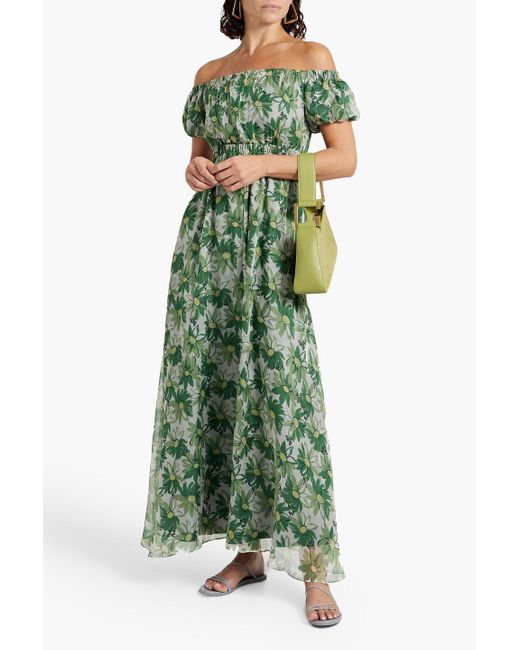HVN Green Nancy Off-The-Shoulder Floral-Print Silk-Chiffon Maxi Dress