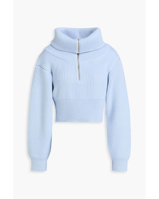 Jacquemus Blue Risoul Cropped Ribbed Wool Half-Zip Sweater
