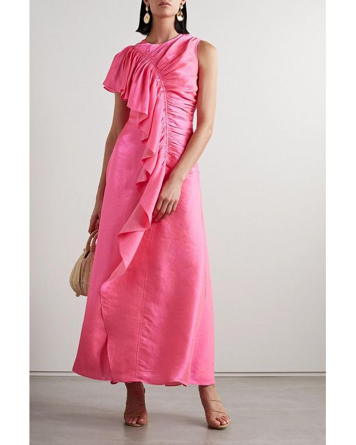 Ulla Johnson Pink Lali Ruched Ruffled Metallic Chiffon Gown