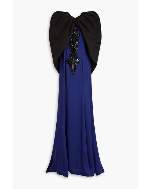 Andrew Gn Blue Cape-effect Two-tone Embellished Taffeta Gown