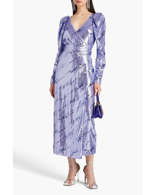 ROTATE BIRGER CHRISTENSEN Purple Sequined Mesh Midi Wrap Dress