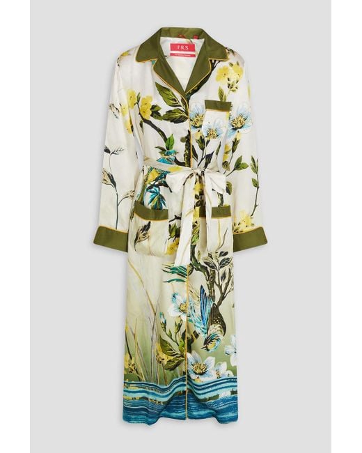 F.R.S For Restless Sleepers White Belted Floral-print Silk Charmeuse Midi Shirt Dress