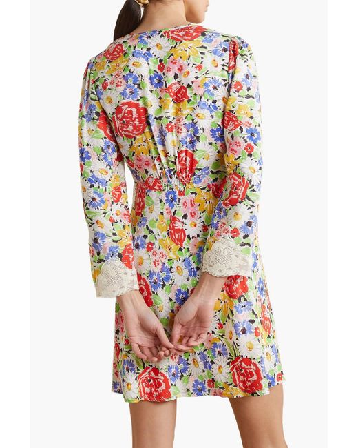 Rixo White Abrielle Lace-trimmed Floral-print Crepe Mini Dress