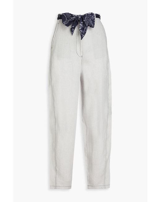 Emporio Armani White Tie-detailed Linen Tapered Pants