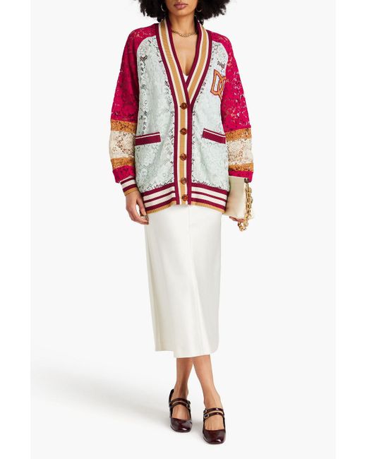 Dolce & Gabbana Red Appliquéd Color-block Corded Lace Cardigan