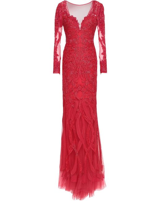 Zuhair Murad Red Embellished Silk-blend Tulle Gown