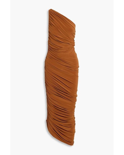 Norma Kamali Brown Diana One-shoulder Ruched Stretch-jersey Gown