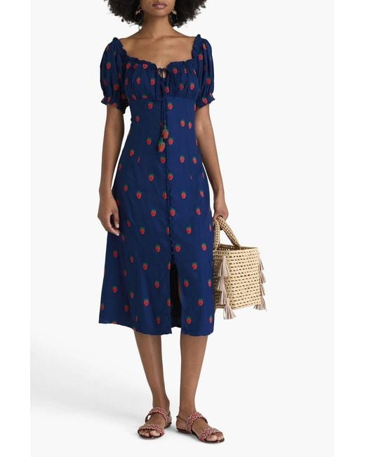 Farm Rio Blue Embroidered Crepe Midi Dress