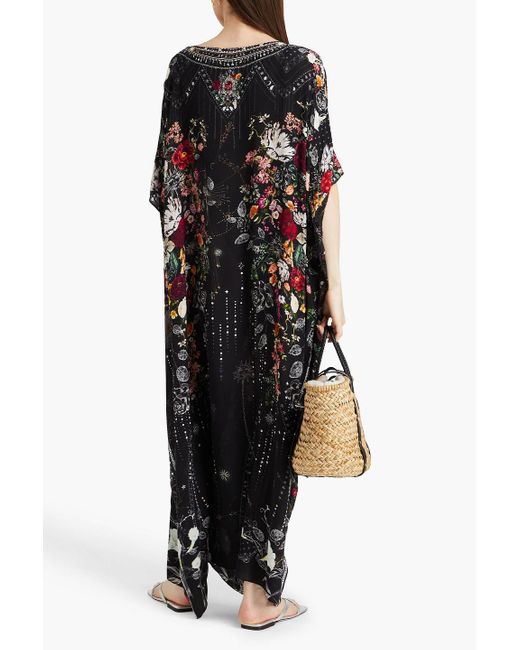 Camilla Black Embellished Floral-print Silk Crepe De Chine Kaftan