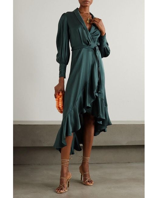 【ZIMMERMANN】asymmetric ruffled silk-satin wrap ドレス Zimmermann Asymmetric Ruffled Silk-satin Wrap Dress - Green