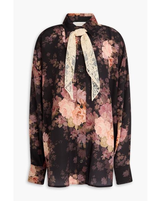 Zimmermann Black Lace-trimmed Floral-print Silk-crepe Shirt