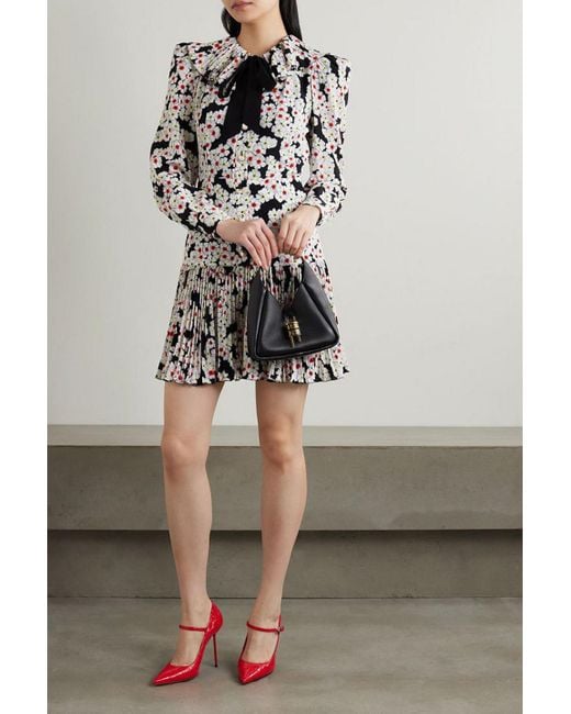 Alessandra Rich Black Bow-detailed Floral-print Silk Crepe De Chine Mini Dress