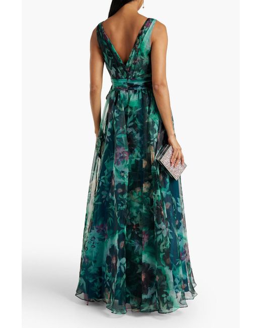 Badgley Mischka Green Wrap-effect Floral-print Organza Gown