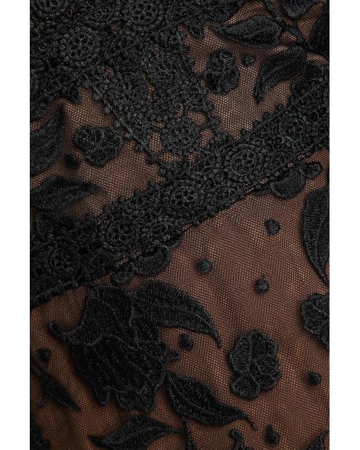 Marchesa Black Tulle-Trimmed Guipure Lace Midi Dress