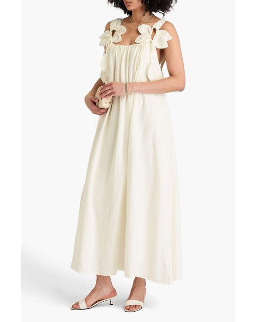 Farm Rio White Floral-appliquéd Linen-blend Midi Dress