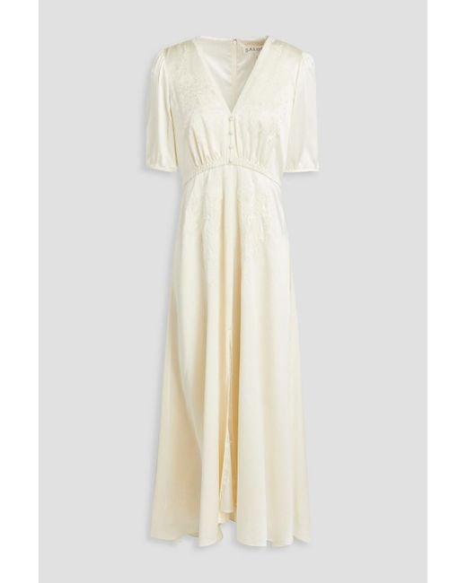 Saloni White Lea Embroidered Silk-satin Maxi Dress