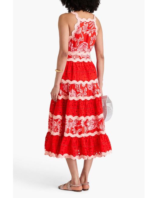 Farm Rio Red Tie Swiss Dot-paneled Broderie Anglaise Cotton Midi Dress