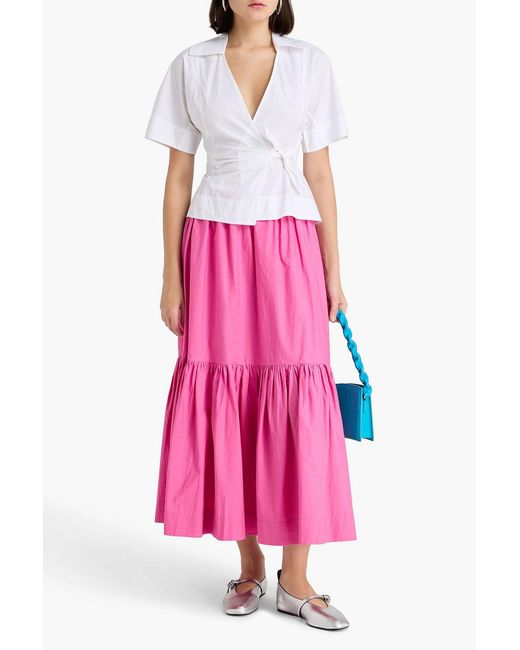 Ganni Pink Gathered Cotton-Poplin Midi Skirt