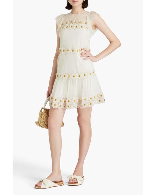 RED Valentino Natural Organza-trimmed Embroidered Tulle Mini Dress