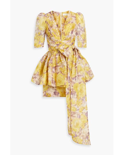 Zimmermann Yellow Bow-detailed Floral-print Linen And Silk-blend Mini Dress