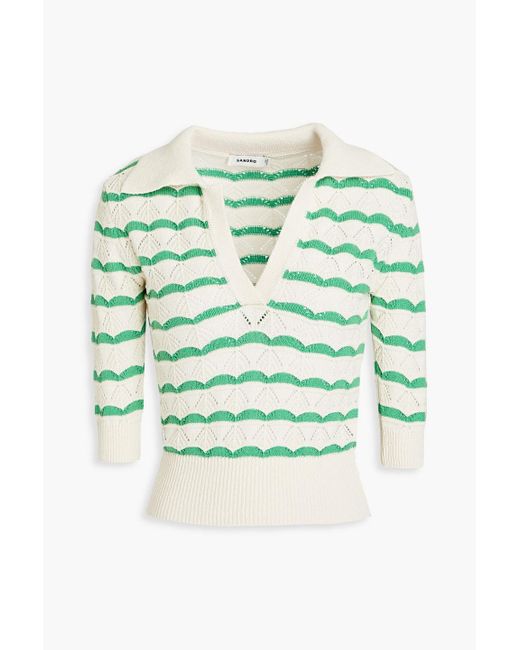 Sandro Green Pointelle-knit Cotton-blend Polo Shirt