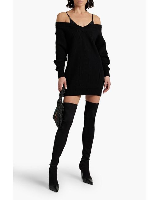 T By Alexander Wang Black Cold-shoulder Satin And Ribbed Cotton-blend Mini Dress