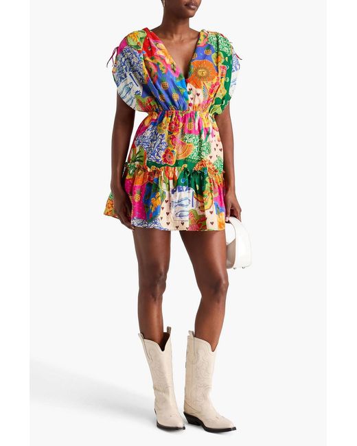 Farm Rio Multicolor Bead-embellished Printed Fil Coupé Cotton Mini Dress