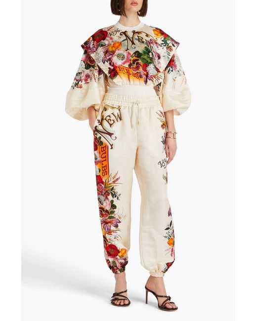 Zimmermann White Floral-print Linen And Silk-blend Shantung Top