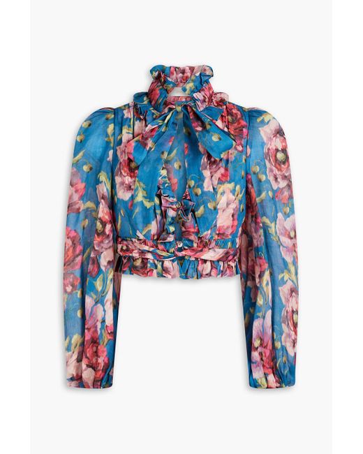 Zimmermann Blue Cropped Pussy-bow Floral-print Ramie Blouse