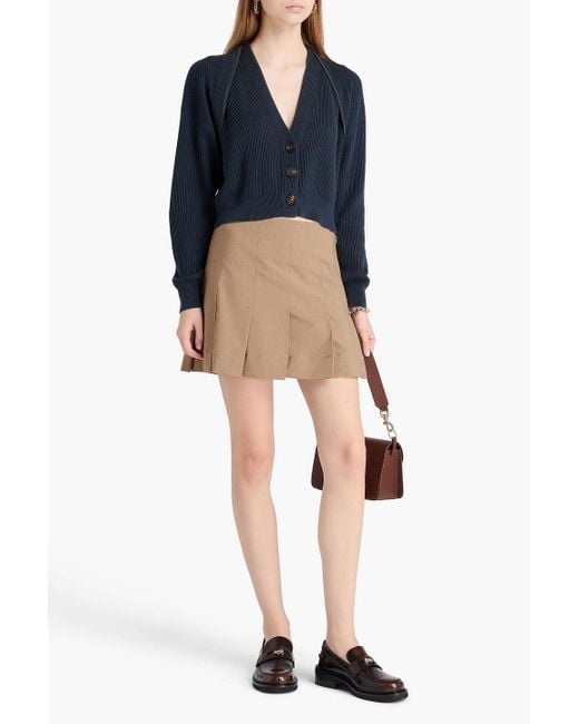 Brunello Cucinelli Blue Cropped Bead-embellished Ribbed Cotton Cardigan
