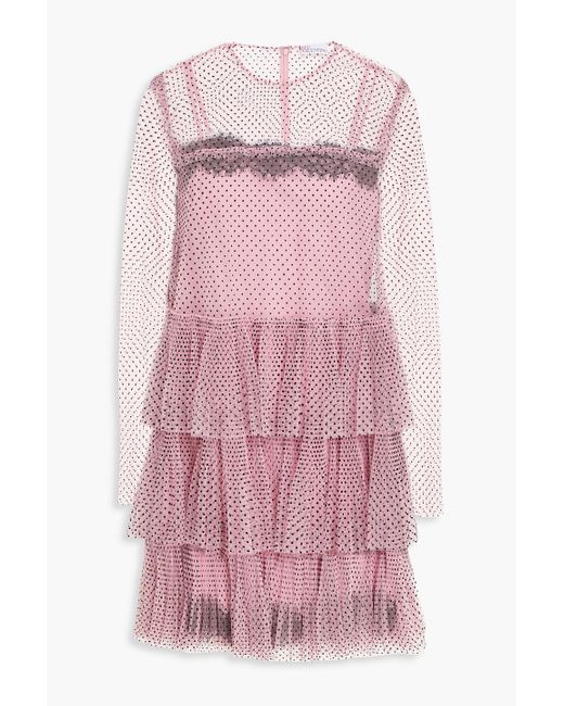 RED Valentino Pink Tiered Flocked Polka-dot Tulle Mini Dress