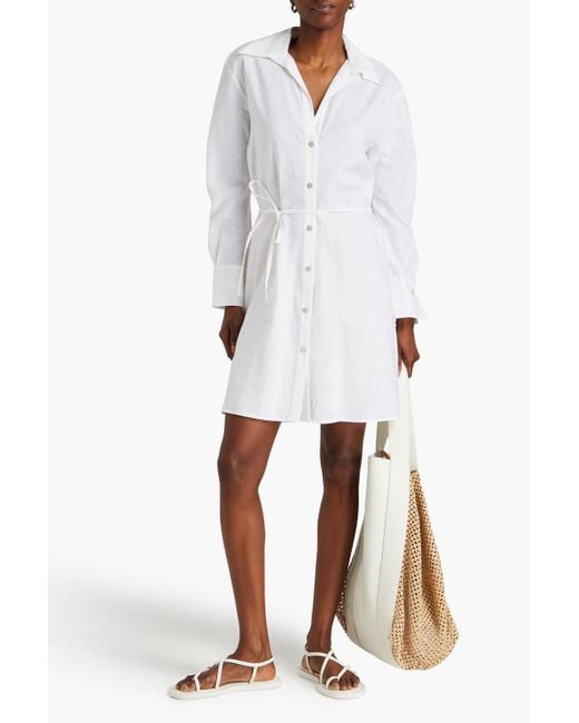 Vince White Belted Linen-blend Mini Shirt Dress
