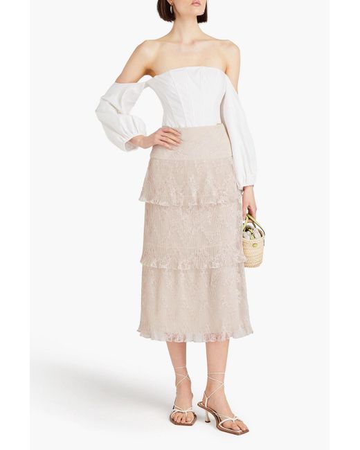 Zimmermann Natural Tiered Pleated Lace Midi Skirt
