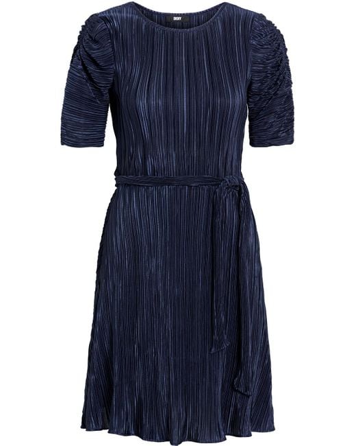 DKNY Blue Belted Plissé-satin Dress