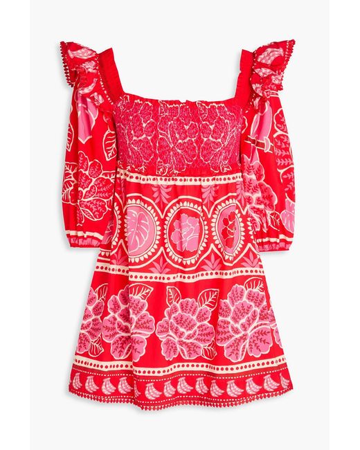 Farm Rio Red Ruffled Printed Cotton Mini Dress
