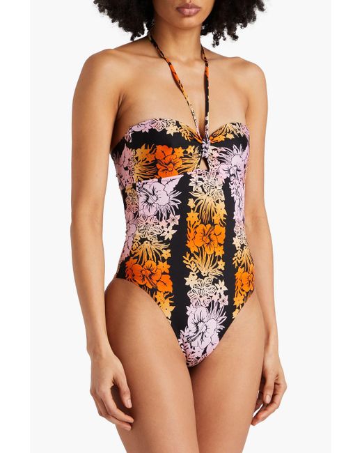 Sandro Black Cutout Floral-print Bandeau Swimsuit