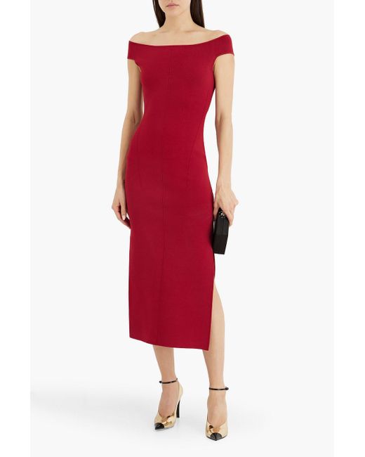 Galvan Red Aphrodite Off-the-shoulder Stretch-knit Midi Dress