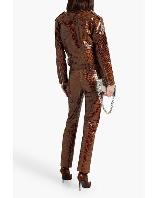 Muubaa Brown Glossed Croc-effect Leather Jacket