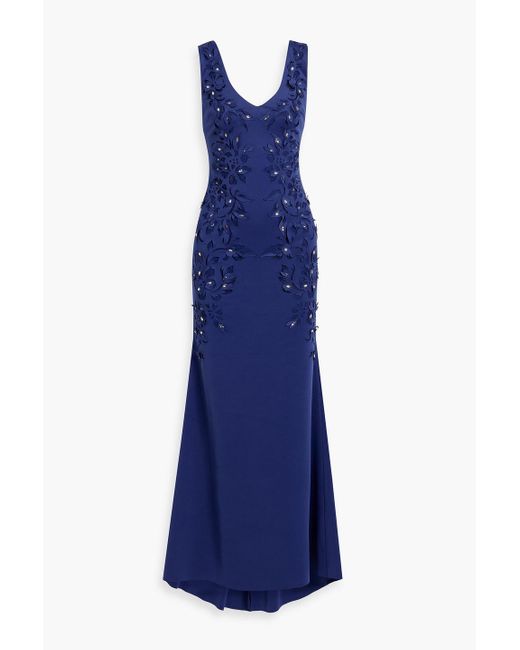 Badgley Mischka Blue Crystal-embellished Laser-cut Scuba Gown