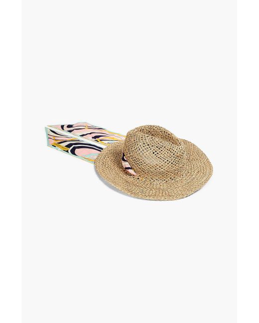 Emilio Pucci Natural Printed Twill-trimmed Straw Sunhat